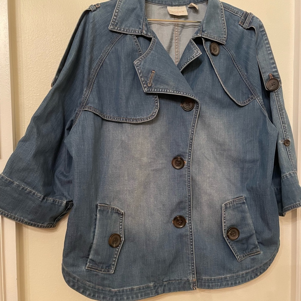 Chico's Short Blue Denim Trench Coat Chicos Size 3 (XL)